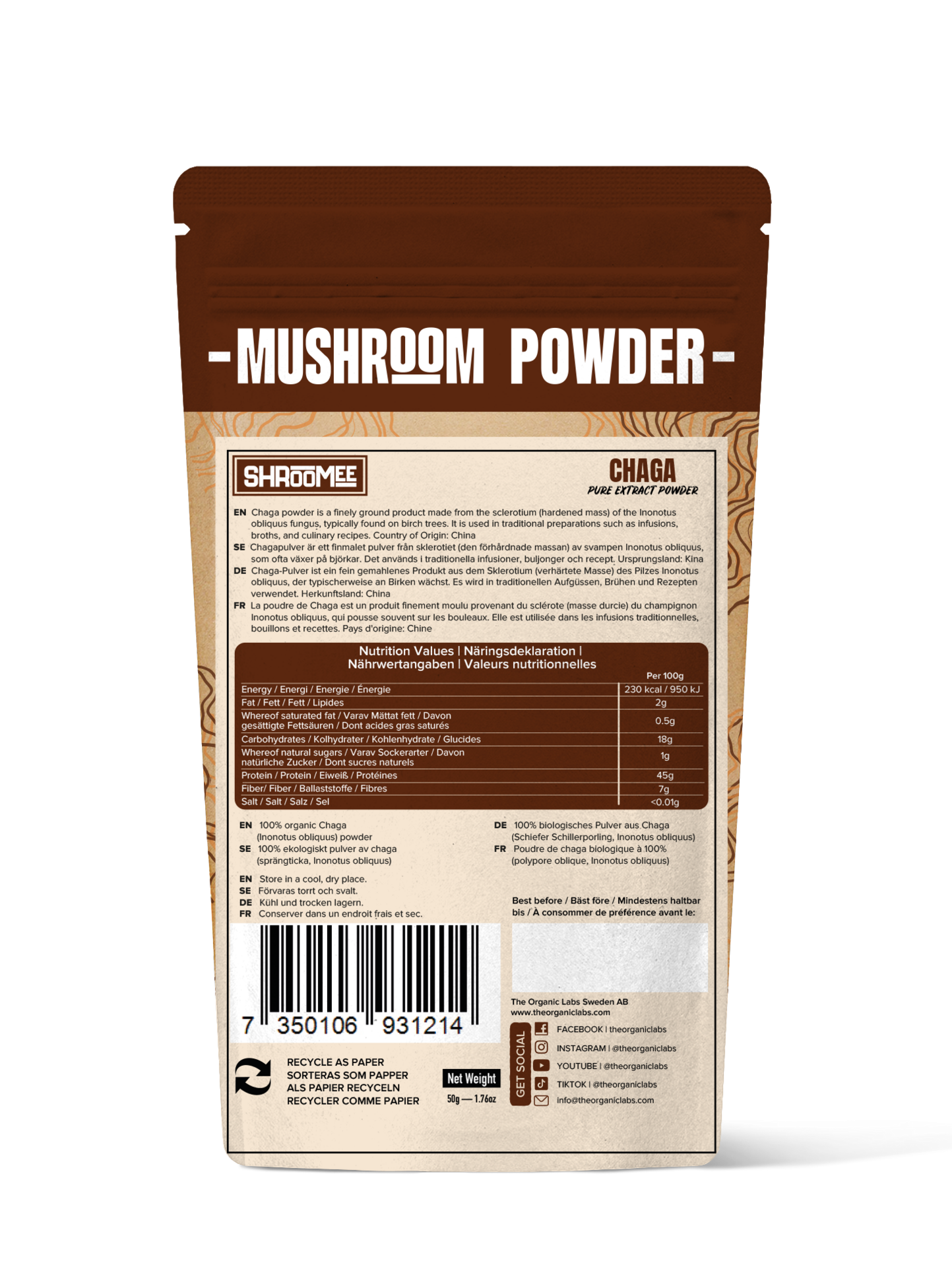 The Organic Labs Chaga-extraktpulver Inonotus obliquus 50 g