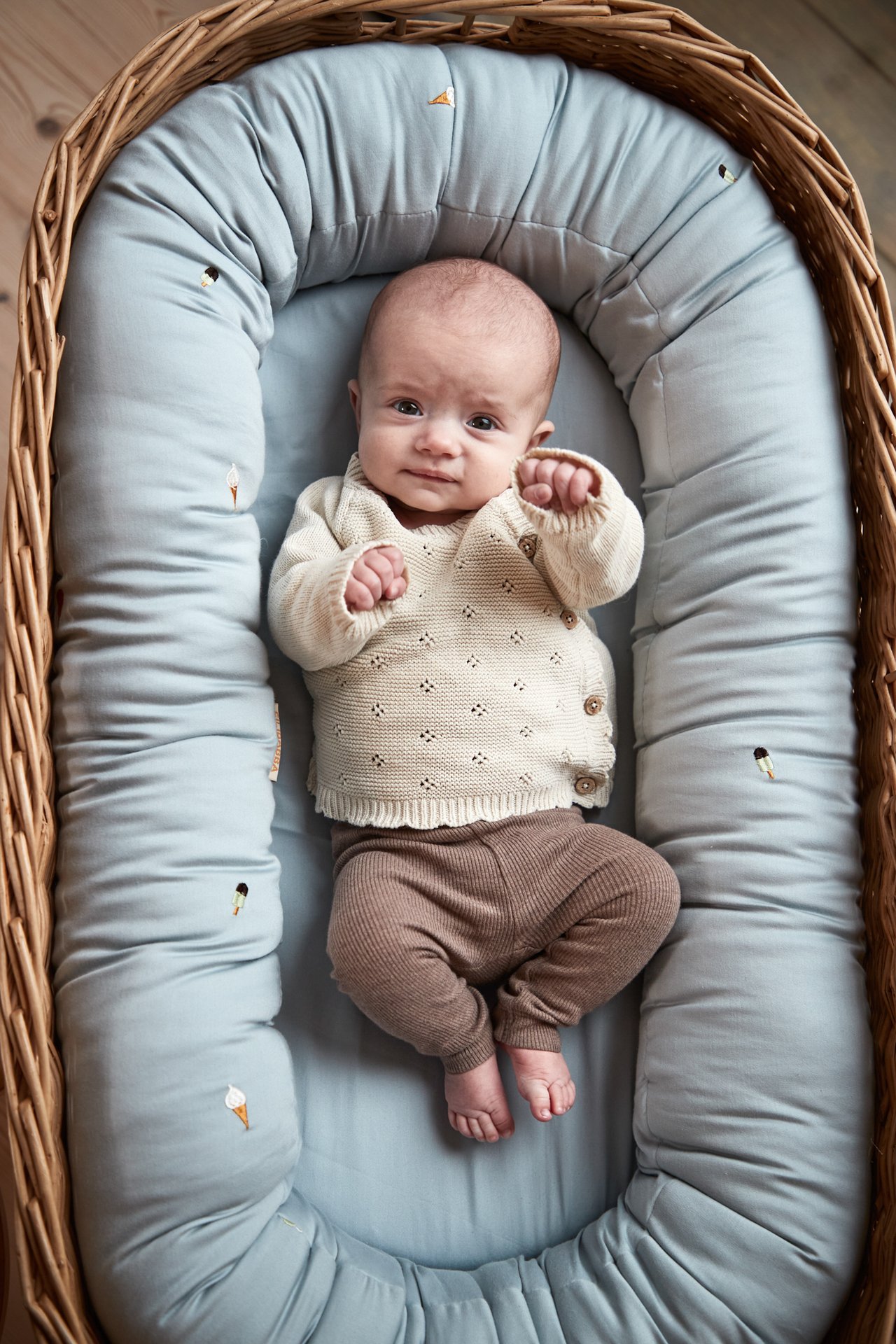 Filibabba Babynest 2:a generationen Broderad Cool Summer-Design Pearl Blue