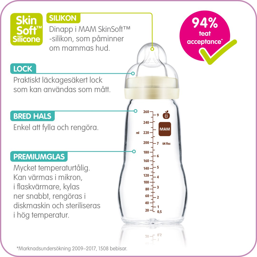 MAM Feel Good Nappflaska Glas 2+ Månader Neutral 260 ml