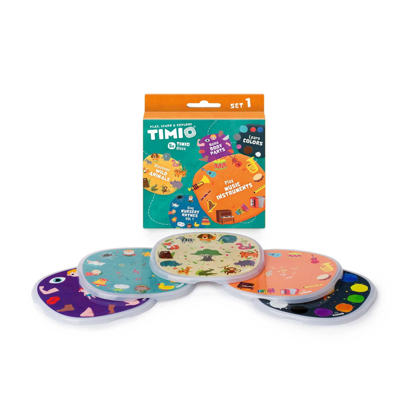 TIMIO Skivset 1 – Vilda djur, Barnvisor, Färger, Musik och Kroppsdelar