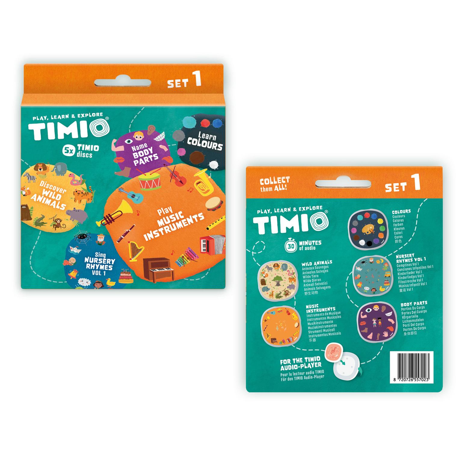 TIMIO Skivset 1 – Vilda djur, Barnvisor, Färger, Musik och Kroppsdelar
