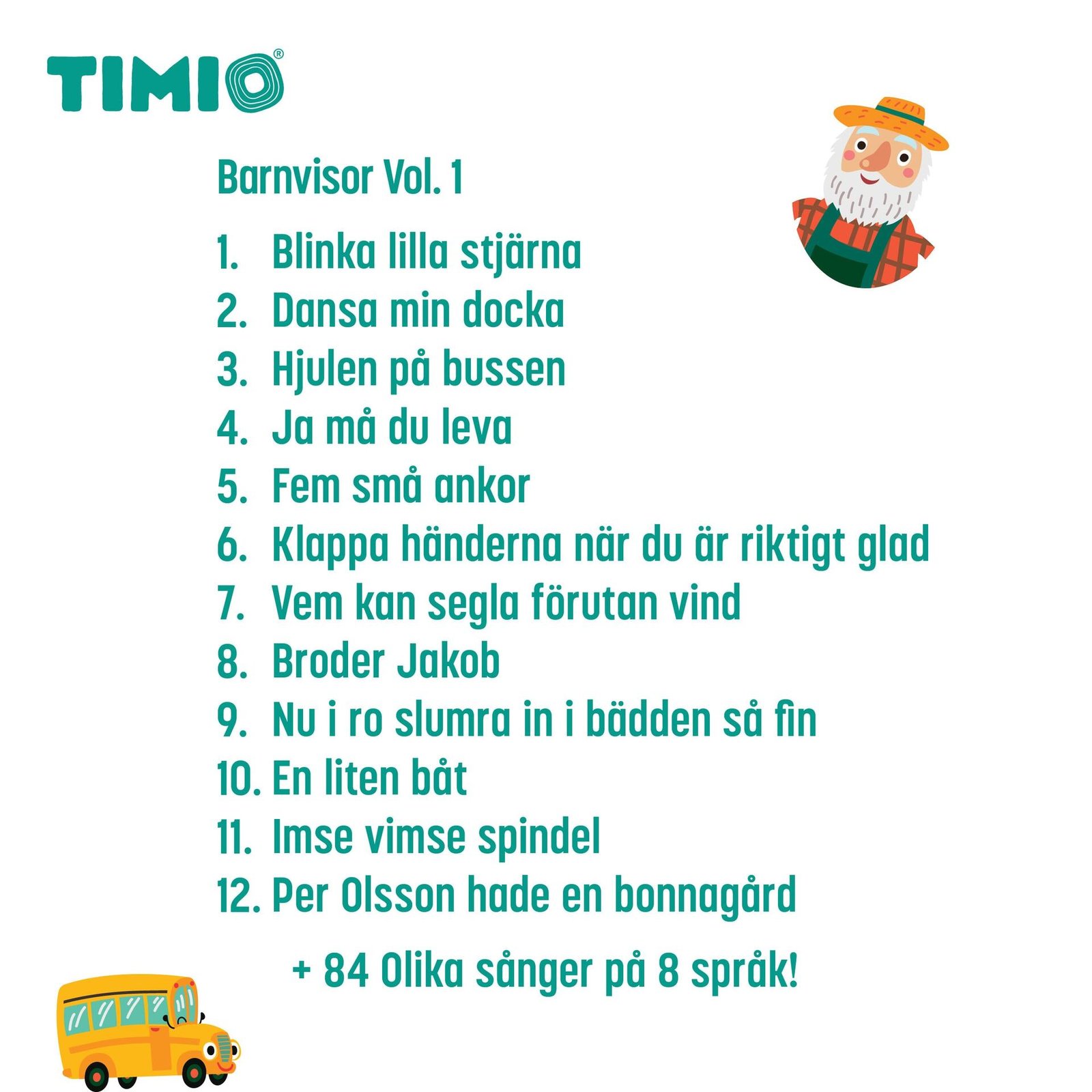 TIMIO Skivset 1 – Vilda djur, Barnvisor, Färger, Musik och Kroppsdelar