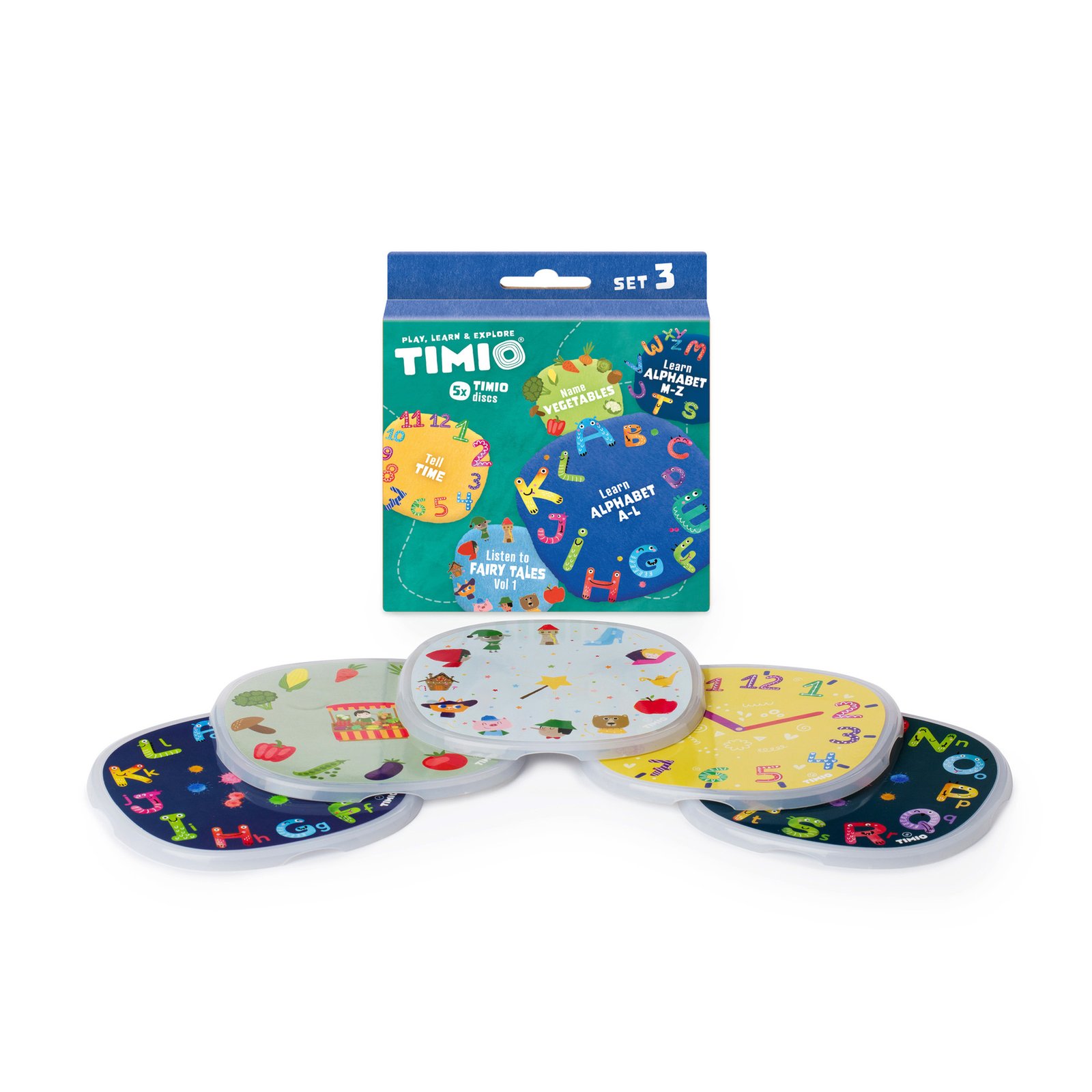 TIMIO Skivset 3 – Sagor, Klockan, Grönsaker, Alfabet A–L och Alfabet M–Z