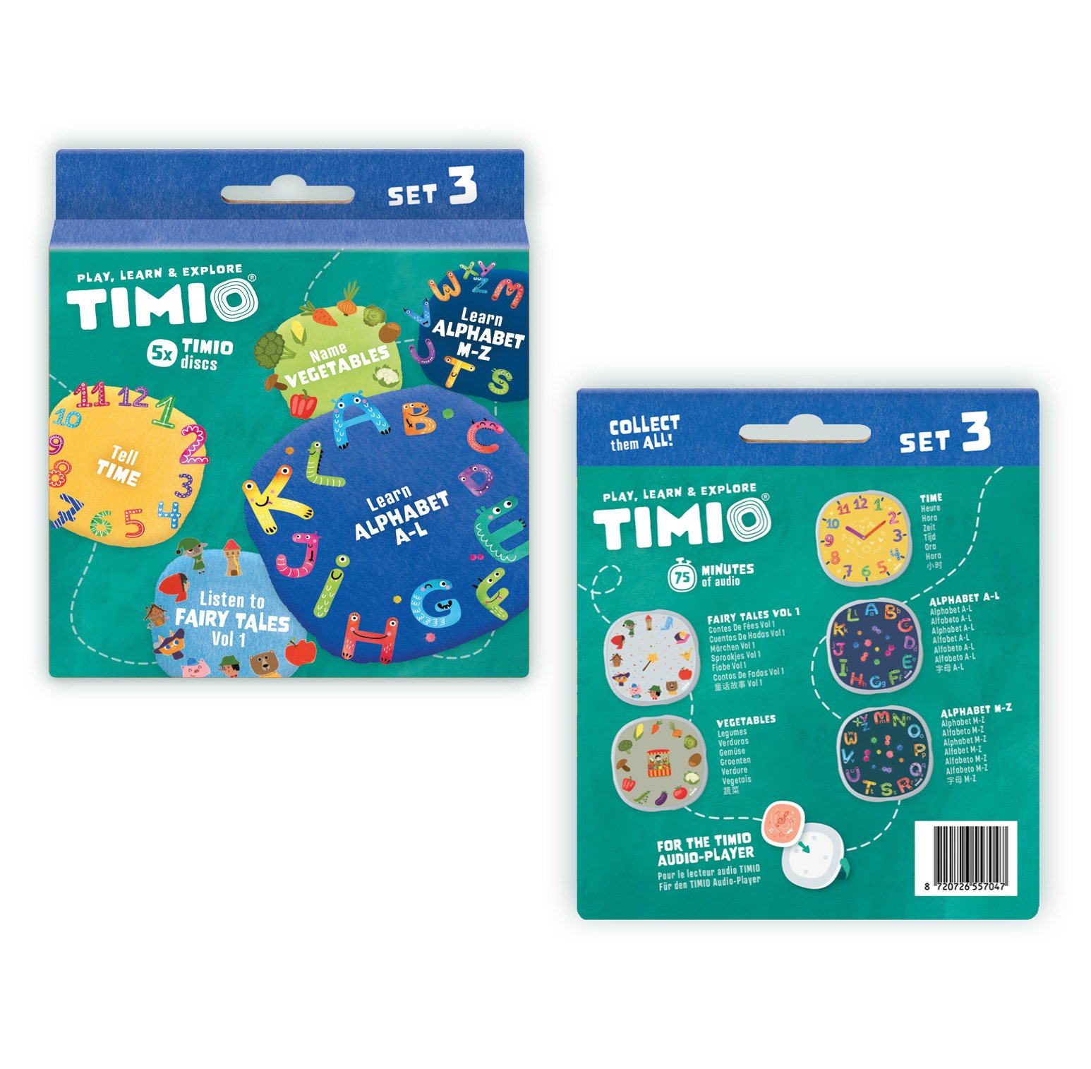 TIMIO Skivset 3 – Sagor, Klockan, Grönsaker, Alfabet A–L och Alfabet M–Z