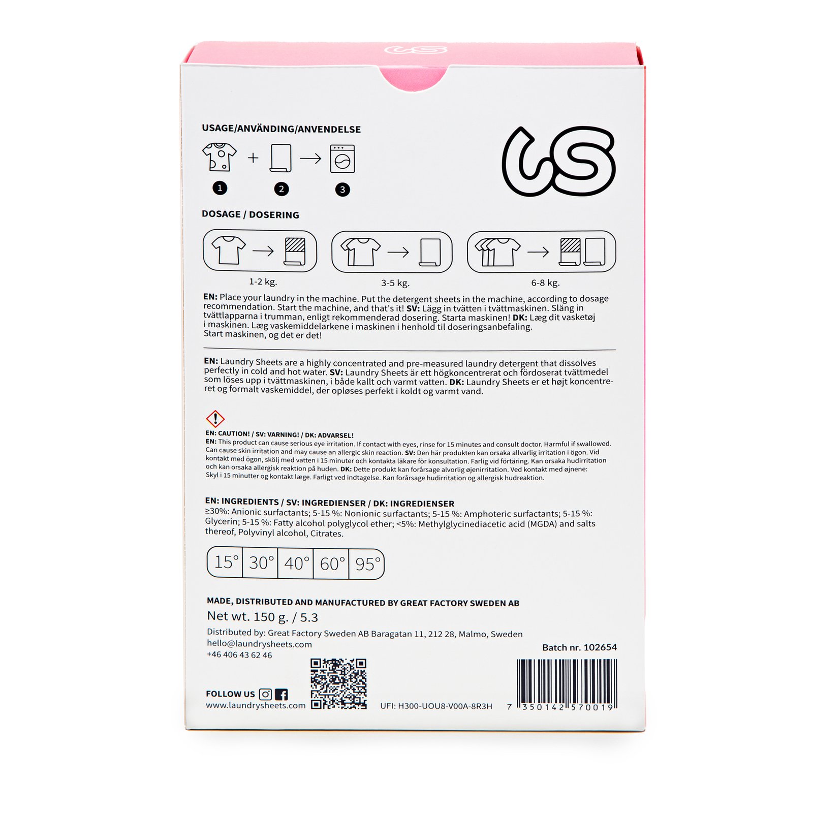 LAUNDRY SHEETS Tvättmedel Fragrance Free 60 st