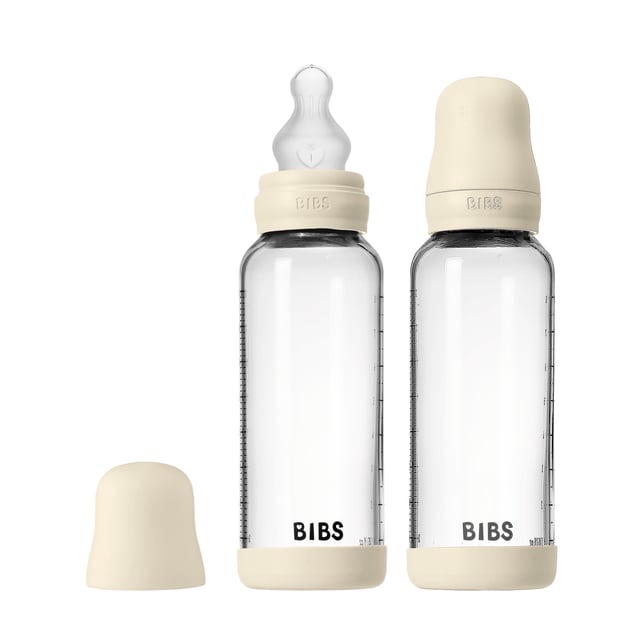 BIBS Glass Baby Bottle Round Silicone Medium Flow Ivory 240 ml 2-pack