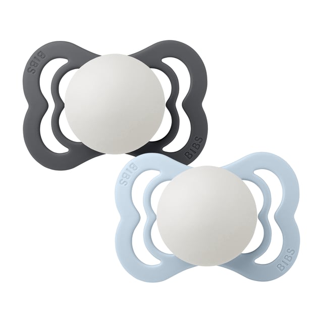 BIBS Pacifier Supreme Silicone Size 1 Iron Glow/Baby Blue Glow · 2 st