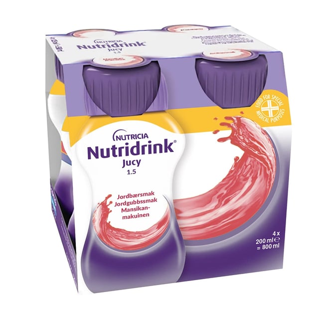 Nutridrink Jucy, jordgubb, energirikt kosttillägg, klar, fettfri 4 x 200 milliliter