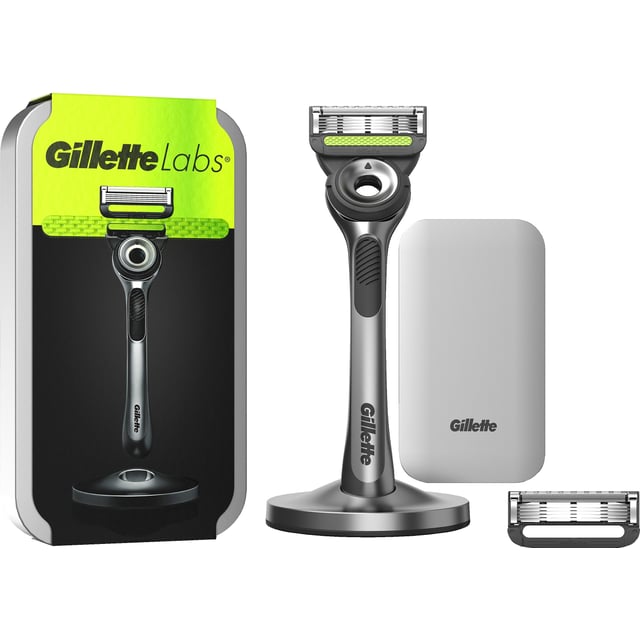 Gillette Labs Rakhyvel med exfolierande platta, magnetiskt ställ & resefodral med 2 st rakblad
