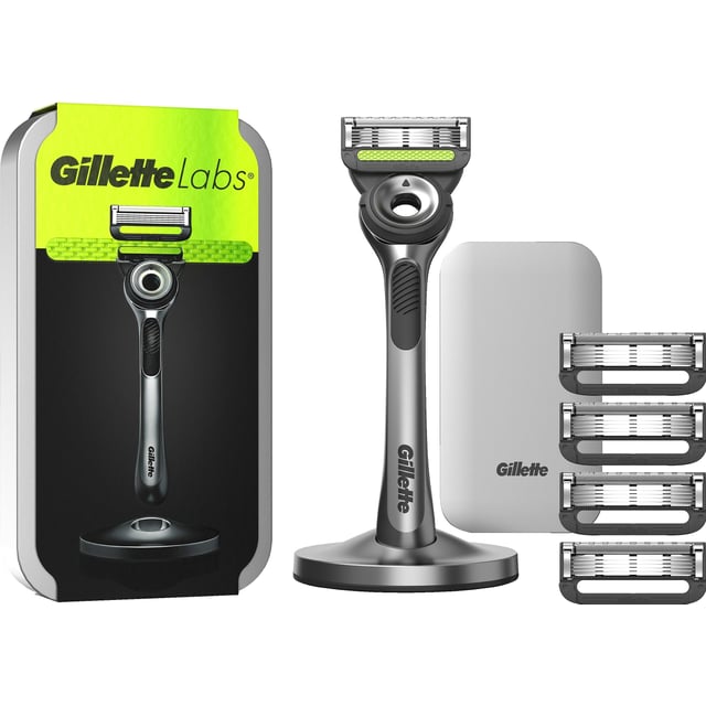 Gillette Labs Rakhyvel med exfolierande platta, magnetiskt ställ & resefodral 5 st rakblad