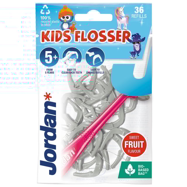 Jordan Kids Flosser + 5 år 36 st | Munvård - Mellanrumsrengöring - Tandtråd & byglar,Baby, barn & förälder - Munvård för barn - Barntandborstar & tandtråd för barn | Apoteka