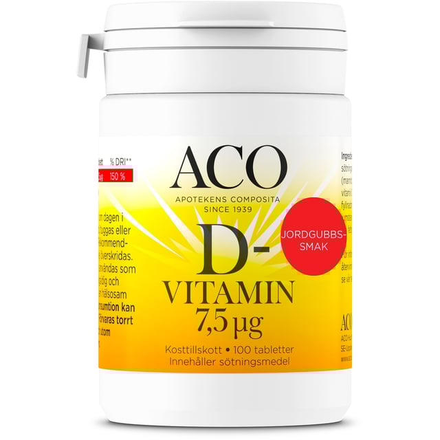 ACO D-vitamin 7,5 µg Jordgubbssmak 100 tabletter | Baby, barn & förälder - Vitaminer & kosttillskott för barn - Vitaminer för barn - D-vitamin för barn,Vitaminer & kosttillskott - Vitaminer & mineraler - D-vitamin,Vitaminer & kosttillskott - Immunförsvar | Apoteka