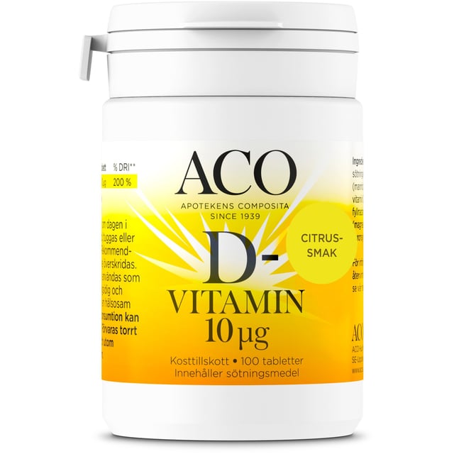 ACO D-vitamin 10 µg Citrussmak 100 tabletter | Vitaminer & kosttillskott - Vitaminer & mineraler - D-vitamin,Vitaminer & kosttillskott - Leder & muskler,Vitaminer & kosttillskott - Immunförsvar | Apoteka