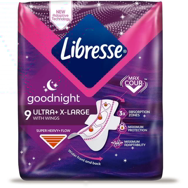 Libresse Goodnight Extra Ultra+ X-Large 9 st | Intimvård - Mensskydd - Nattbinda,Intimvård - Underlivsbesvär - Riklig mens,Intimvård - Mensskydd - Binda | Apoteka