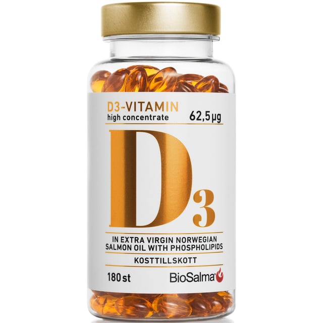 BioSalma D3-vitamin 62,5µg high concentrate 180 kapslar | Vitaminer & kosttillskott - Vitaminer & mineraler - D-vitamin,Vitaminer & kosttillskott - Immunförsvar,Vitaminer & kosttillskott - Omega-3 & fettsyror | Apoteka