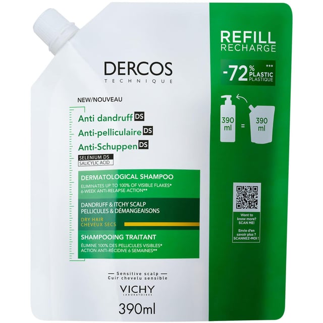 Vichy Dercos Anti-Dandruff Shampoo Dry Refill 390 ml | Hårvård - Schampo - Schampo för skadat hår,Hårvård - Mjäll,Hårvård - Torr hårbotten | Apoteka