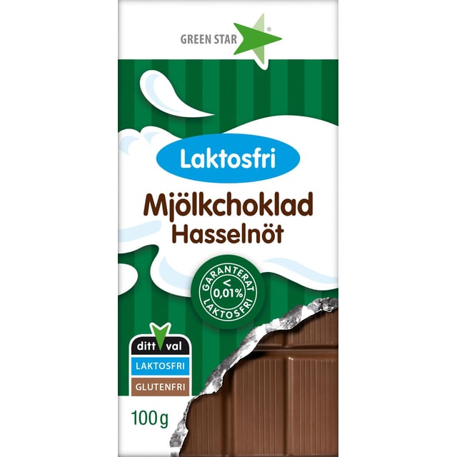 Green Star Mjölkchoklad Hasselnöt Laktosfri 100g | Mat & dryck - Snacks & godis - Choklad | Apoteka