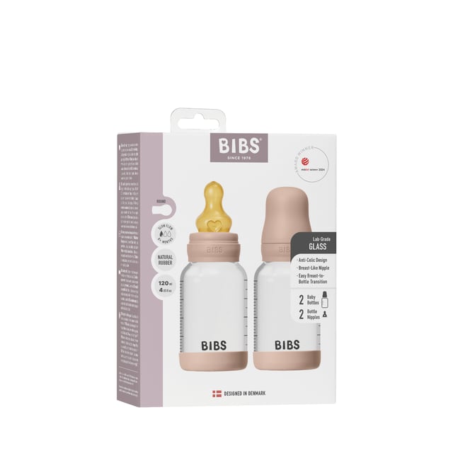 BIBS Glass Baby Bottle Round Latex Slow Flow Blush 120 ml 2 st | Baby, barn & förälder - Mata - Nappflaskor & vällingflaskor | Apoteka