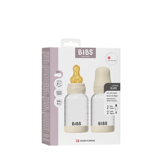 BIBS Glass Baby Bottle Round Latex Slow Flow Ivory 120 ml 2 st | Baby, barn & förälder - Mata - Nappflaskor & vällingflaskor | Apoteka
