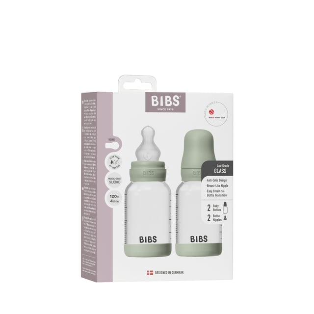 BIBS Glass Baby Bottle Round Silicone Slow Flow Sage 120 ml 2 st | Baby, barn & förälder - Mata - Nappflaskor & vällingflaskor | Apoteka