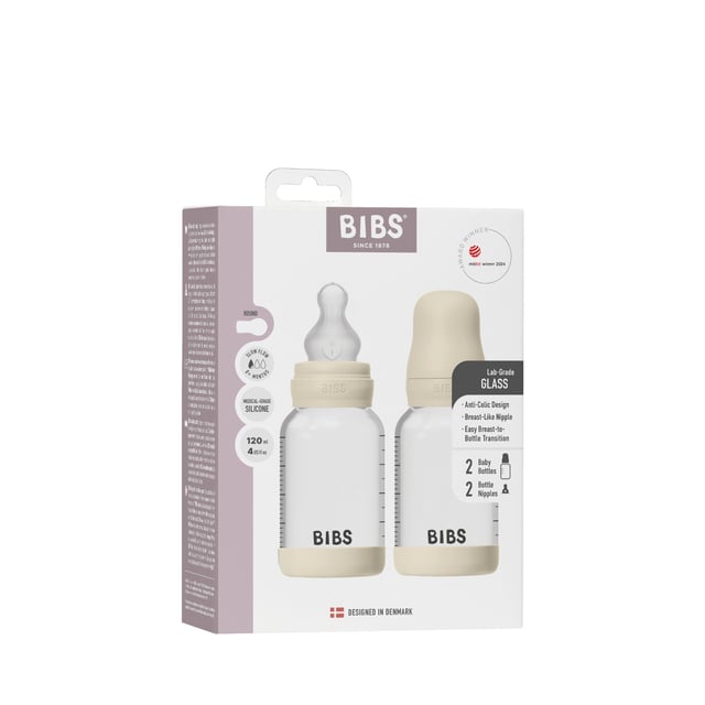 BIBS Glass Baby Bottle Round Silicone Slow Flow Ivory 120 ml 2 st | Baby, barn & förälder - Mata - Nappflaskor & vällingflaskor | Apoteka
