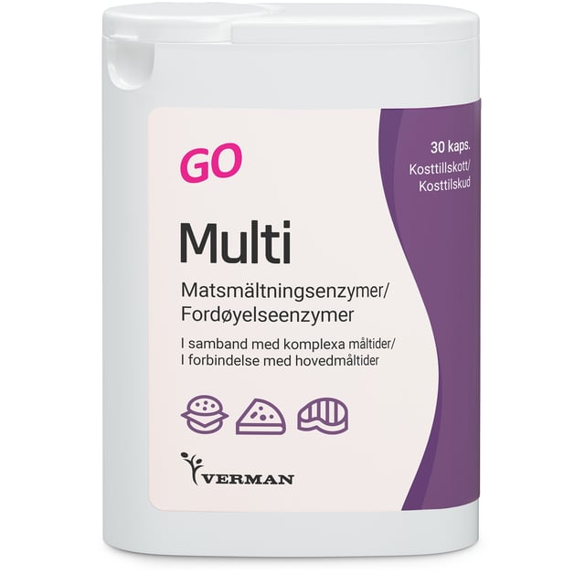 Verman Multienzym GO Matsmältningsenzymer 30 kapslar | Vitaminer & kosttillskott - Kosttillskott för mage - Matsmältningsenzymer,Mage & tarm - Matsmältning | Apoteka