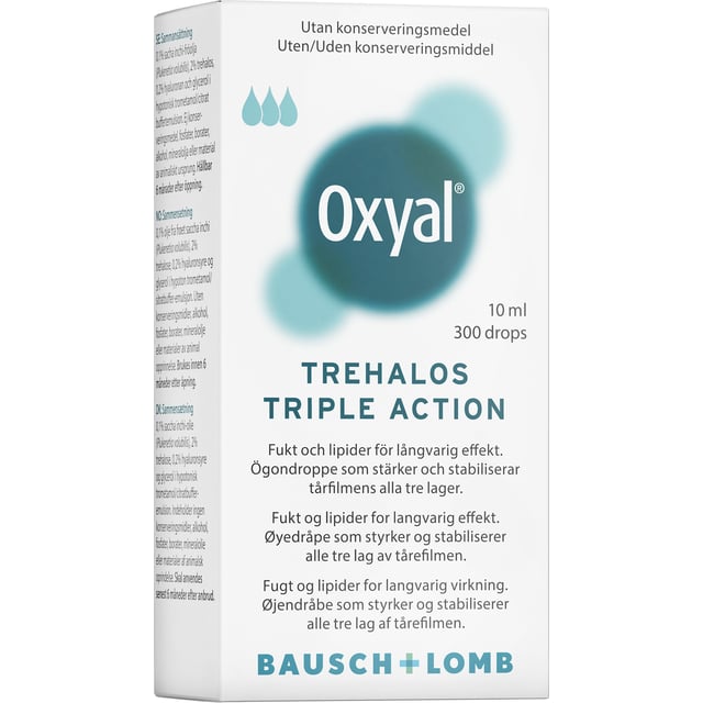 Oxyal Trehalos Tripple Action Ögondroppar 10 ml | Ögon & öron - Ögon - Torra ögon - Ögondroppar utan konserveringsmedel,Ögon & öron - Ögon - Torra ögon - Ögondroppar för linser,Ögon & öron - Ögon - Torra ögon - Återfuktande ögondroppar | Apoteka