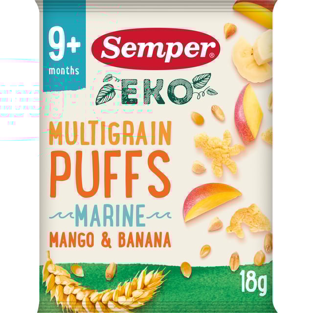 Semper Multigrain Puffs Marine Mango & Banana EKO 18 g | Mat & dryck - Skafferi - Kakor & kex,Mat & dryck - Barnmat - Barnmat mellanmål,Baby, barn & förälder - Barnmat - Barnmat mellanmål | Apoteka