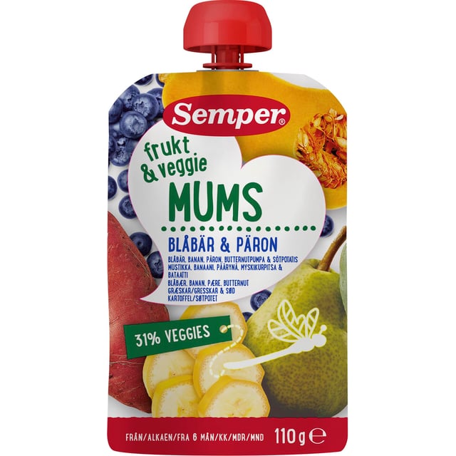 Semper Veggie Mums Blåbär & Päron 110g | Baby, barn & förälder - Barnmat - Klämmisar,Baby, barn & förälder - Barnmat - Barnmat mellanmål | Apoteka