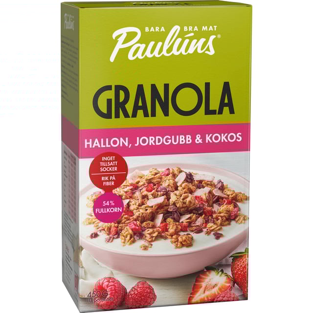 Paulúns Granola Hallon Jordgubb & Kokos 450 g | Mat & dryck - Skafferi - Gröt, flingor & müsli | Apoteka