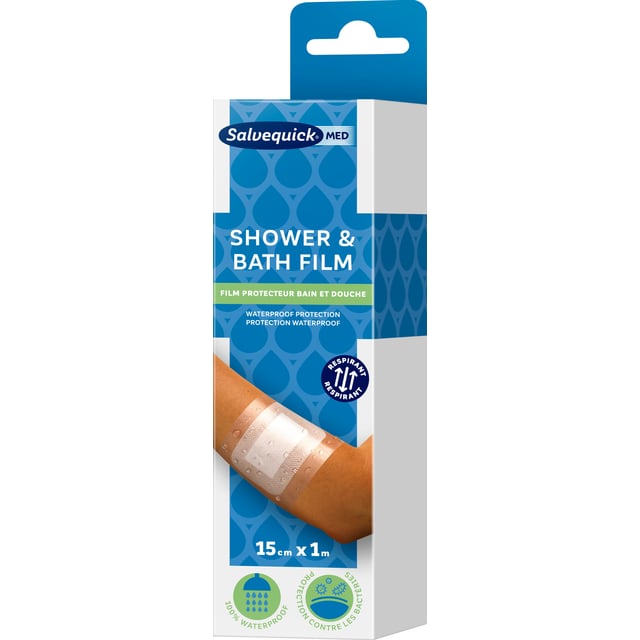 Salvequick MED Shower & Bath Film 15 cm x 1 m | Sår, bett & stick - Sår - Plåster - Universalplåster,Träning - Sportskador & skydd - Sporttejp,Sår, bett & stick - Sår - Bandage | Apoteka