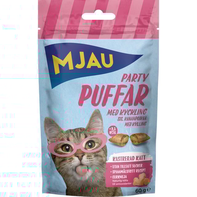 Mjau Partypuffar Med Kyckling 60 g | Djur - Djurgodis - Kattgodis & kattgräs | Apoteka