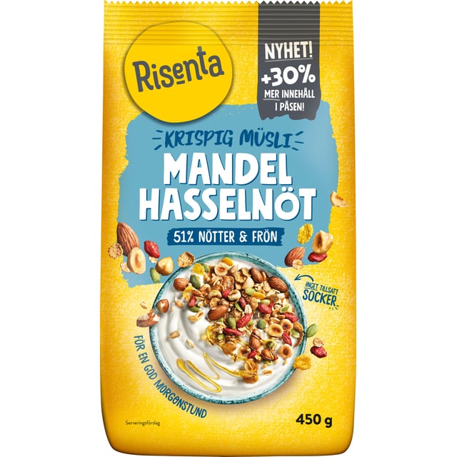 Risenta Krispig Müsli Mandel & Hasselnöt 450 g | Mat & dryck - Skafferi - Gröt, flingor & müsli | Apoteka