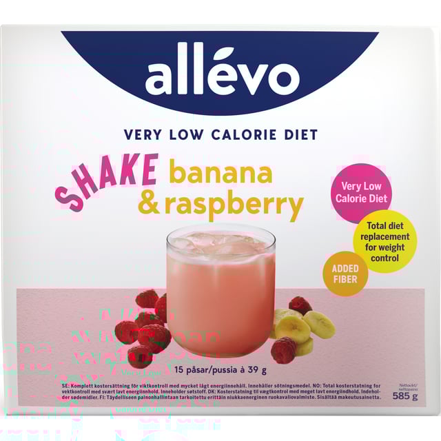 Allévo Shake Banana & Raspberry VLCD 15 st | Viktkontroll - Måltidsersättning | Apoteka