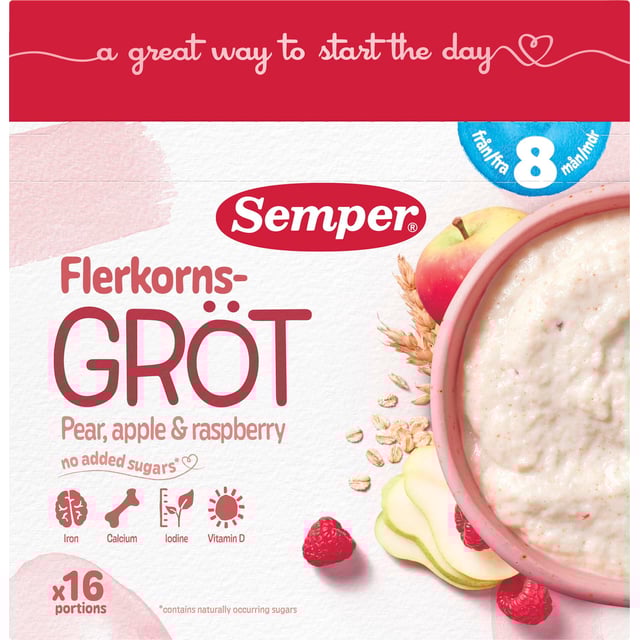 Semper Flerkornsgröt Päron/Äpple/Hallon från 8 månader | Mat & dryck - Barnmat - Gröt,Baby, barn & förälder - Barnmat - Gröt | Apoteka