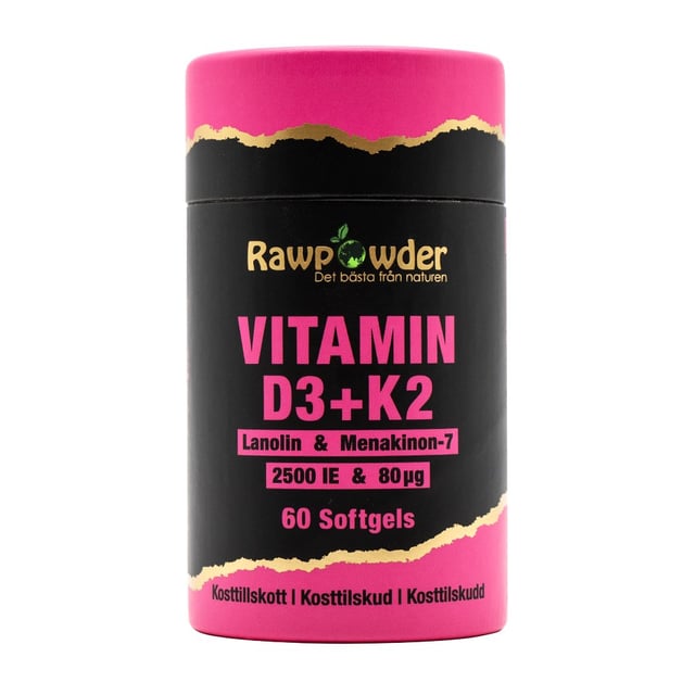 Rawpowder Vitamin D3 2500 IE + K2 80μg 60 Softgels | Vitaminer & kosttillskott - Vitaminer & mineraler - Kalcium | Apoteka