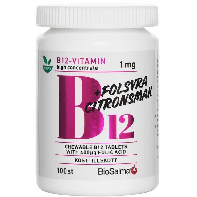 BioSalma B12-vitamin 1mg + Folsyra 100 tabletter | Vitaminer & kosttillskott - Vitaminer & mineraler - B-vitaminer - Vitamin B12 Kobalamin,Vitaminer & kosttillskott - Vitaminer & mineraler - B-vitaminer - Vitamin B9 Folsyra,Vitaminer & kosttillskott - Kosttillskott för veganer & vegetarianer | Apoteka
