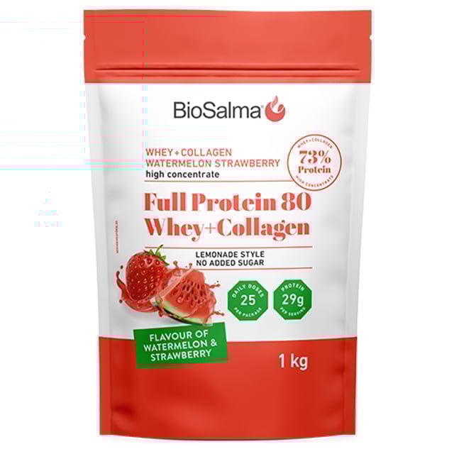 BioSalma Full Protein 80 Whey+Collagen Watermelon Strawberry 1 kg | Träning - Proteintillskott - Proteinpulver - Vassleprotein,Vitaminer & kosttillskott - Kollagen | Apoteka