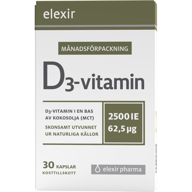 Elexir Pharma D3-vitamin 2500IE 30 kapslar | Vitaminer & kosttillskott - Vitaminer & mineraler - D-vitamin,Vitaminer & kosttillskott - Immunförsvar | Apoteka