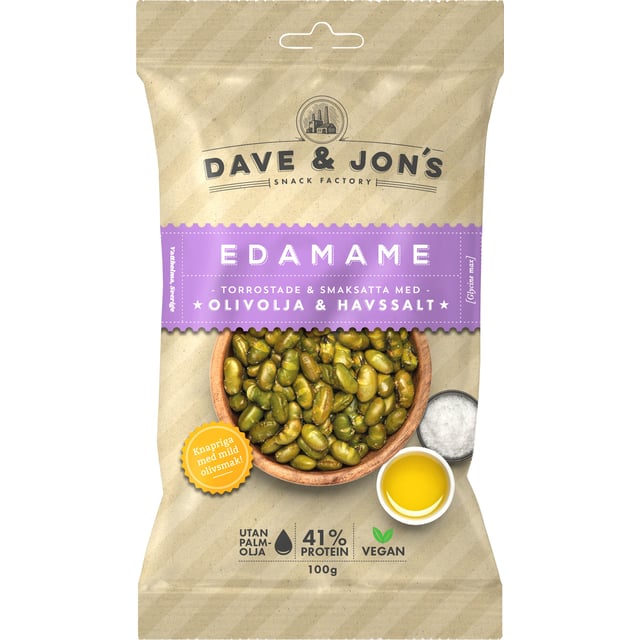 Dave & Jon´s Edamame Havssalt & Olivolja 100 g | Mat & dryck - Skafferi - Bönor & linser,Mat & dryck - Snacks & godis - Chips & popcorn,Mat & dryck - Snacks & godis - Naturgodis,Mat & dryck - Skafferi - Torkad frukt, nötter & frön | Apoteka