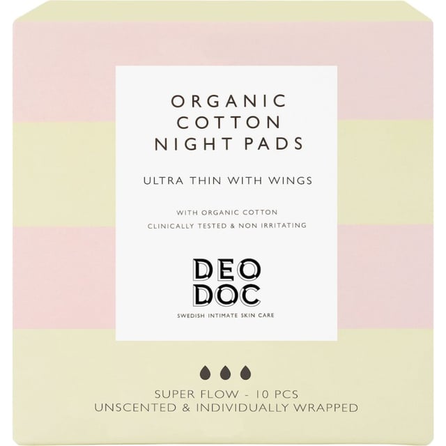 DeoDoc Organic Cotton Night Pads 10 st | Intimvård - Mensskydd - Binda | Apoteka
