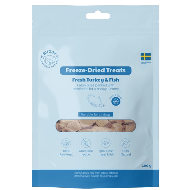 Buddy Pet Foods Freeze-dried Treats Fresh Turkey & Fish 100 g | Djur - Djurgodis - Hundgodis | Apoteka
