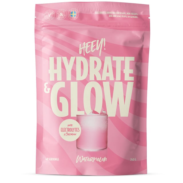 Heey! Hydrate & Glow Elektrolyter + Collegan® Vattenmelon 240g | Vitaminer & kosttillskott - Elektrolyter,Mage & tarm - Vätskeersättning,Träning - Vätskeersättning,Vitaminer & kosttillskott - Kollagen,Vitaminer & kosttillskott - Hud, hår & naglar | Apoteka