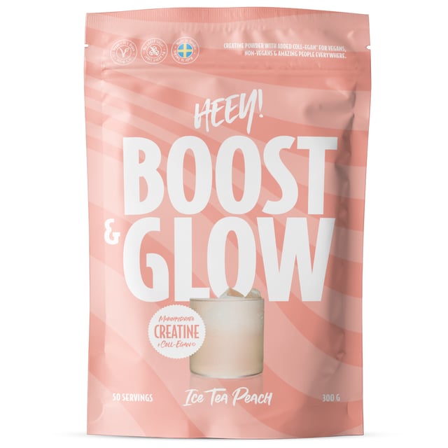 Heey! Boost & Glow Creatine + Collegan® Ice Tea Peach 300 g | Träning - Energigivande - Kreatin,Vitaminer & kosttillskott - Kollagen | Apoteka