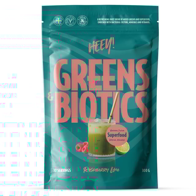Heey! Greens & Biotics Superfood Hallon Lime 300 g | Vitaminer & kosttillskott - Kosttillskott för mage - Mjölksyrabakterier,Vitaminer & kosttillskott - Vitaminer & mineraler - C-vitamin,Vitaminer & kosttillskott - Immunförsvar,Vitaminer & kosttillskott - Energi & fokus | Apoteka