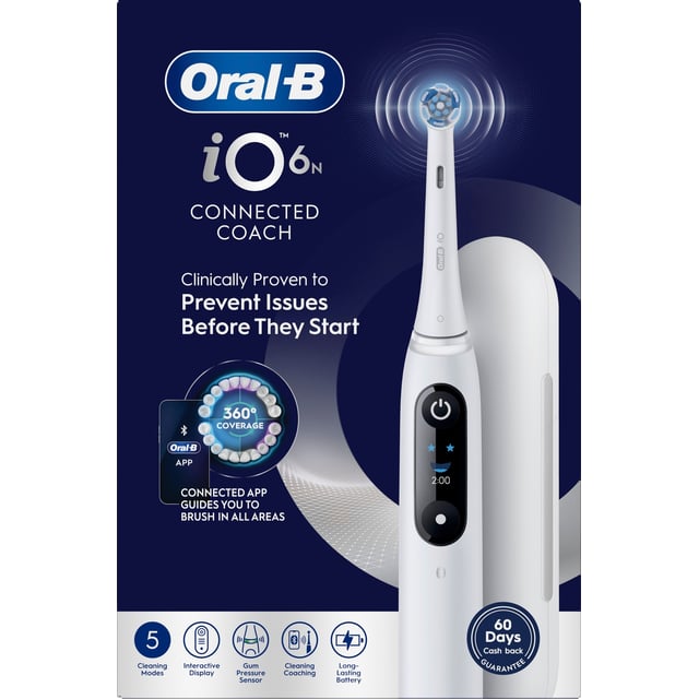 Oral-B iO6 Eltandborste Vit 2 Tandborsthuvuden, Resefodral & Hållare till borsthuvud 1 st | Munvård - Tandborste - Eltandborste | Apoteka