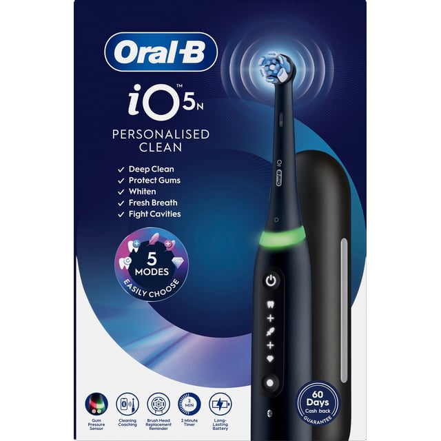 Oral-B iO5 Eltandborste Svart 1 Tandborsthuvud, Resefodral & Hållare till borsthuvud 1 st | Munvård - Tandborste - Eltandborste | Apoteka