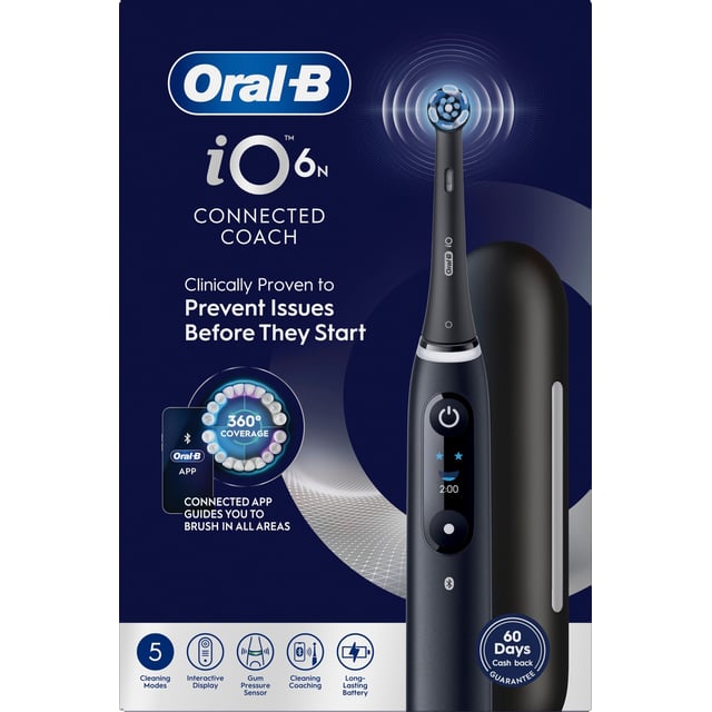 Oral-B iO6 Eltandborste Svart 2 Tandborsthuvuden, Resefodral & Hållare till borsthuvud 1 st | Munvård - Tandborste - Eltandborste | Apoteka