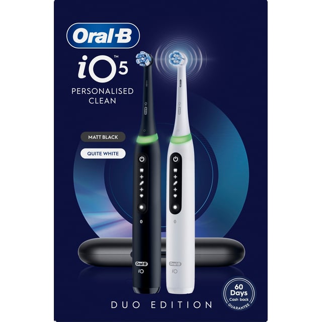 Oral-B iO5 Eltandborstar Duo-pack Svart och Vit, 2 Tandborsthuvuden & Resefodral 2 st | Munvård - Tandborste - Eltandborste | Apoteka