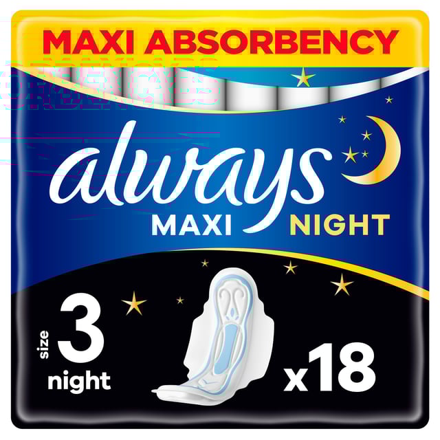 Always Maxi Size 3 Night 18 st | Intimvård - Mensskydd - Nattbinda,Intimvård - Underlivsbesvär - Riklig mens,Intimvård - Mensskydd - Binda | Apoteka